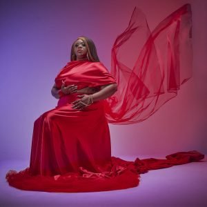 floating fabric portrait of female singer