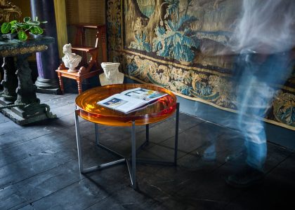 Amber coloured coffee table in interior