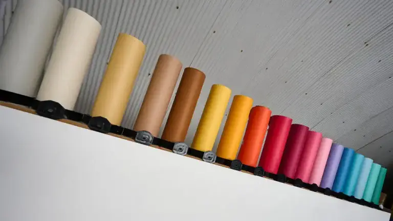 Row of coloured paper backdrops in photo studio