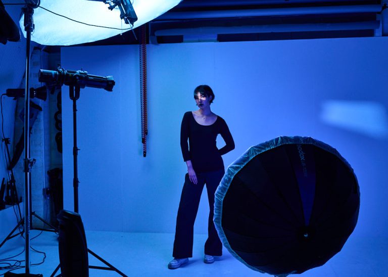 studio lighting BTS blue tone set up with Tungsten balance trick and gobo projector